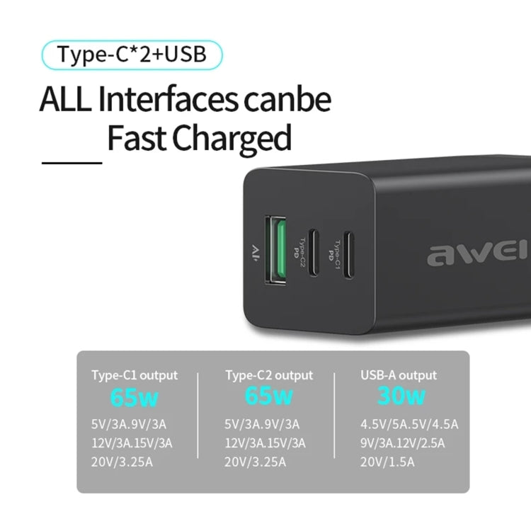 awei PD9 65W Dual Type-C / USB-C + USB GaN Fast Charging Travel Charger, EU Plug(White) - USB Charger by awei | Online Shopping South Africa | PMC Jewellery | Buy Now Pay Later Mobicred