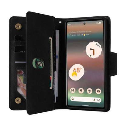 For Google Pixel 6a Rivet Buckle 9 Cards Three Fold Leather Phone Case(Black) - Google Cases by PMC Jewellery | Online Shopping South Africa | PMC Jewellery | Buy Now Pay Later Mobicred