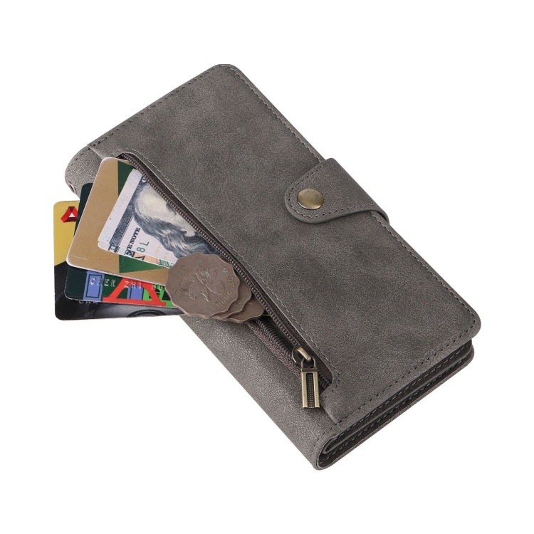 For Google Pixel 6a Rivet Buckle 9 Cards Three Fold Leather Phone Case(Grey) - Google Cases by PMC TechLife | Online Shopping South Africa | PMC TechLife | Buy Now Pay Later Mobicred