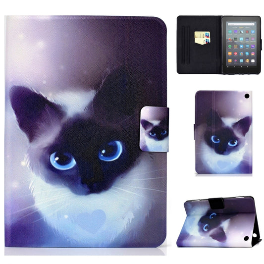 For Amazon Kindle Fire 7 2022 Electric Horizontal Flat Painted Leather Tablet Case(Blue Eyed Cat) - Amazon by PMC Jewellery | Online Shopping South Africa | PMC Jewellery | Buy Now Pay Later Mobicred