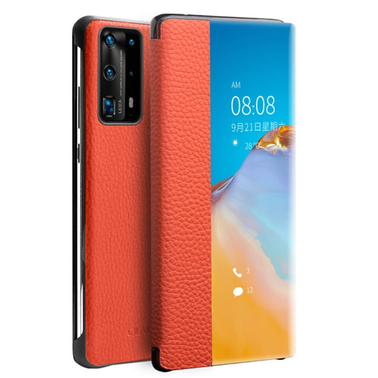 For Huawei P40 QIALINO Litchi Texture Side Window View Leather Phone Case(Orange) - Huawei Cases by QIALINO | Online Shopping South Africa | PMC Jewellery | Buy Now Pay Later Mobicred