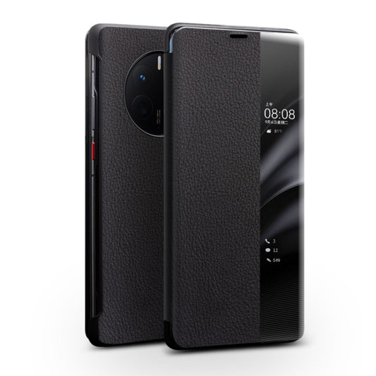 For Huawei Mate 50 QIALINO Genuine Leather Side Window View Smart Phone Case(Black) - Huawei Cases by QIALINO | Online Shopping South Africa | PMC Jewellery | Buy Now Pay Later Mobicred