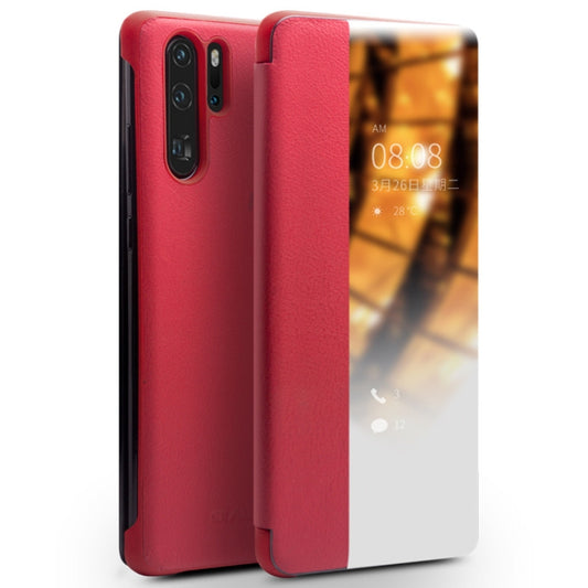 For Huawei P30 Pro QIALINO Genuine Leather Side Window View Smart Phone Case(Red) - Huawei Cases by QIALINO | Online Shopping South Africa | PMC Jewellery | Buy Now Pay Later Mobicred