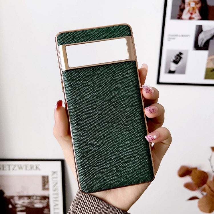 For Google Pixel 6a Nano Electroplating Cross Texture Genuine Leather Phone Case(Green) - Google Cases by PMC TechLife | Online Shopping South Africa | PMC TechLife | Buy Now Pay Later Mobicred