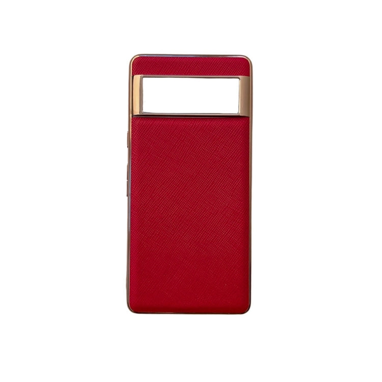For Google Pixel 6a Nano Electroplating Cross Texture Genuine Leather Phone Case(Red) - Google Cases by PMC TechLife | Online Shopping South Africa | PMC TechLife | Buy Now Pay Later Mobicred