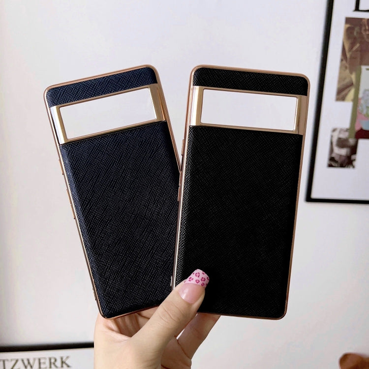 For Google Pixel 6a Nano Electroplating Cross Texture Genuine Leather Phone Case(Black) - Google Cases by PMC TechLife | Online Shopping South Africa | PMC TechLife | Buy Now Pay Later Mobicred
