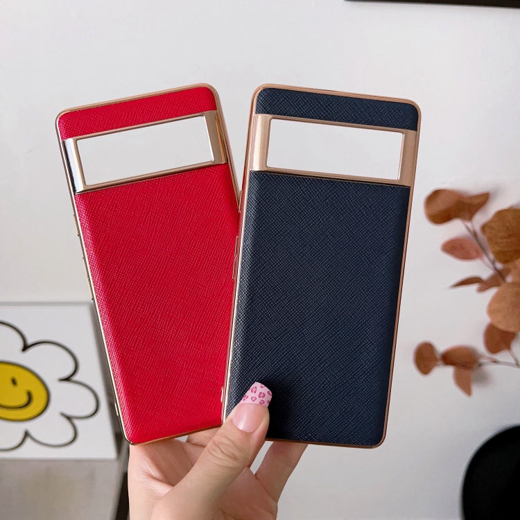 For Google Pixel 6a Nano Electroplating Cross Texture Genuine Leather Phone Case(Black) - Google Cases by PMC TechLife | Online Shopping South Africa | PMC TechLife | Buy Now Pay Later Mobicred