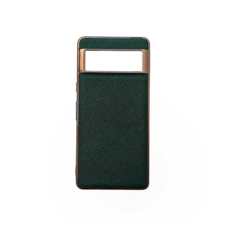 For Google Pixel 7 5G Nano Electroplating Cross Texture Genuine Leather Phone Case(Green) - Google Cases by PMC TechLife | Online Shopping South Africa | PMC TechLife | Buy Now Pay Later Mobicred