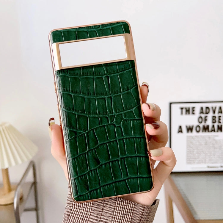 For Google Pixel 7 Crocodile Texture Genuine Leather Electroplating Phone Case(Dark Green) - Google Cases by PMC TechLife | Online Shopping South Africa | PMC TechLife | Buy Now Pay Later Mobicred
