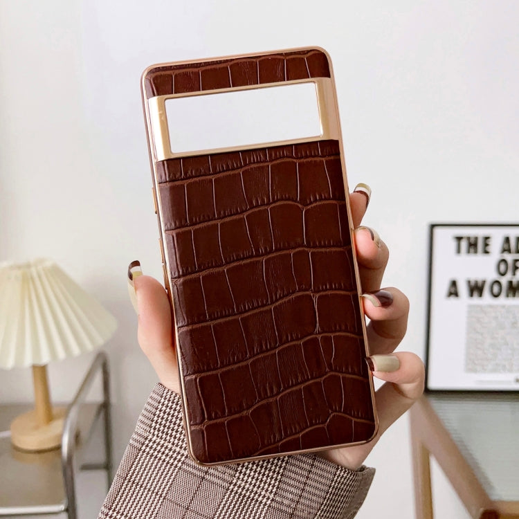 For Google Pixel 7 Crocodile Texture Genuine Leather Electroplating Phone Case(Brown) - free shipping - PMC TechLife - Order now!