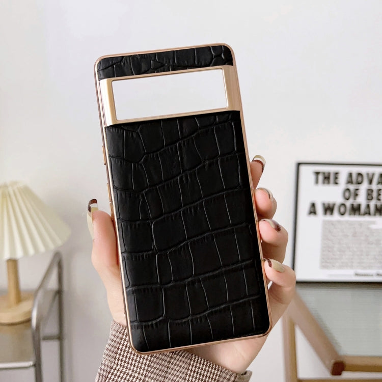 For Google Pixel 6 Crocodile Texture Genuine Leather Electroplating Phone Case(Black) - Google Cases by PMC TechLife | Online Shopping South Africa | PMC TechLife | Buy Now Pay Later Mobicred
