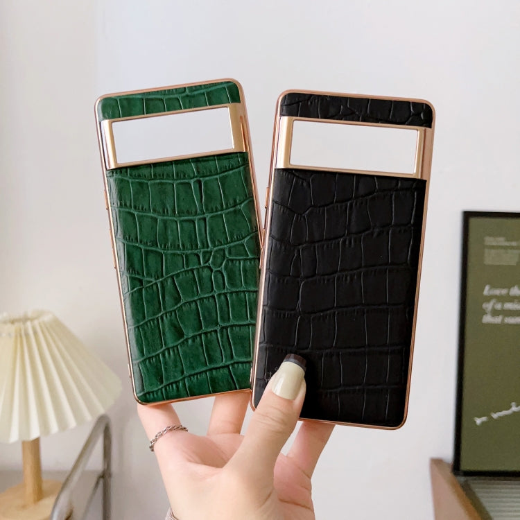 For Google Pixel 6a Crocodile Texture Genuine Leather Electroplating Phone Case(Brown) - Google Cases by PMC TechLife | Online Shopping South Africa | PMC TechLife | Buy Now Pay Later Mobicred
