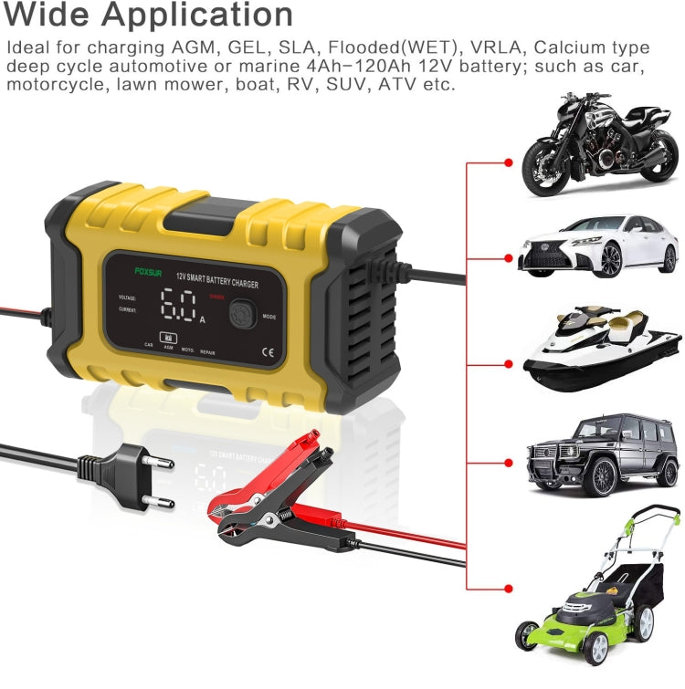 FOXSUR 6A 12V Motorcycle / Car Smart Battery Charger, Plug Type:EU Plug(Yellow) - Battery Charger by FOXSUR | Online Shopping South Africa | PMC Jewellery | Buy Now Pay Later Mobicred