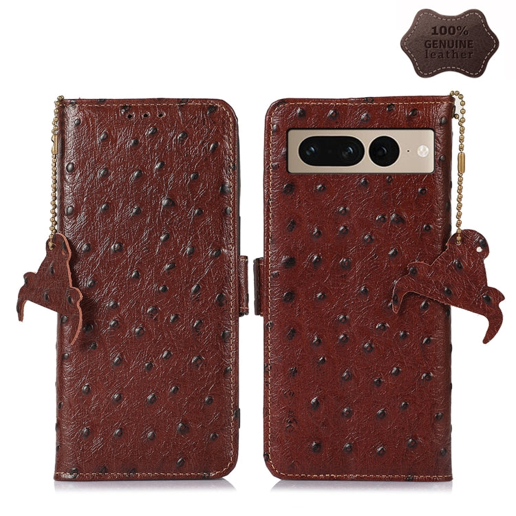For Google Pixel 7 Pro Ostrich Pattern Genuine Leather RFID Phone Case(Coffee) - Google Cases by PMC TechLife | Online Shopping South Africa | PMC TechLife | Buy Now Pay Later Mobicred