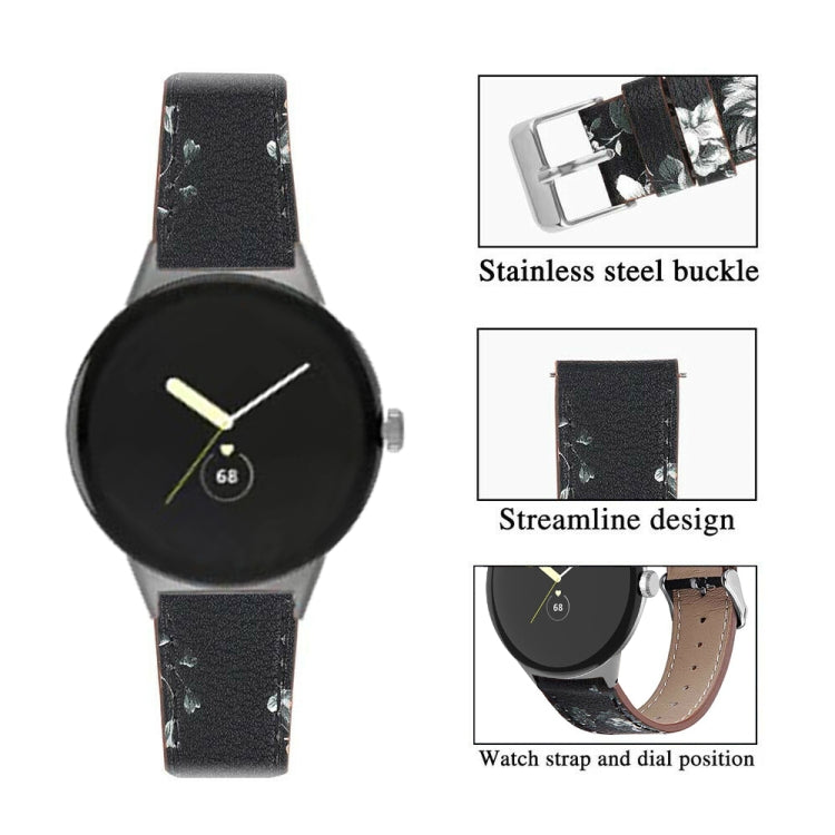 For Google Pixel Watch 1 / 2 / 3 41mm Round Tail Genuine Leather Watch Band(Black White Flower) - free shipping - PMC TechLife - Order now!