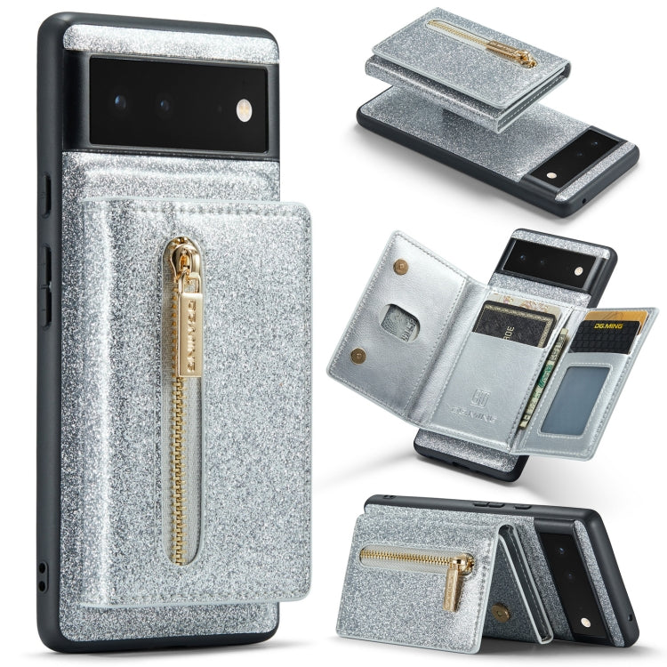 For Google Pixel 6a DG.MING M3 Series Glitter Powder Card Bag Leather Case(Silver) - Google Cases by DG.MING | Online Shopping South Africa | PMC TechLife | Buy Now Pay Later Mobicred