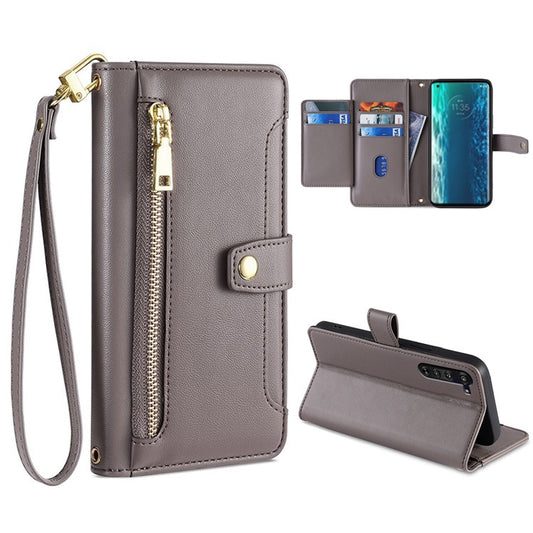 For Motorola Edge Sheep Texture Cross-body Zipper Wallet Leather Phone Case(Grey) - Motorola Cases by PMC Jewellery | Online Shopping South Africa | PMC Jewellery | Buy Now Pay Later Mobicred