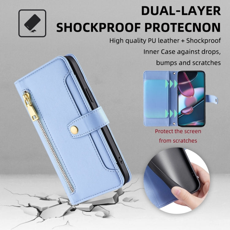 For Motorola Edge X30 Sheep Texture Cross-body Zipper Wallet Leather Phone Case(Blue) - Motorola Cases by PMC TechLife | Online Shopping South Africa | PMC TechLife | Buy Now Pay Later Mobicred