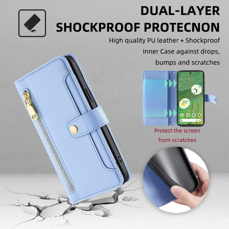 For Google Pixel 7 5G Sheep Texture Cross-body Zipper Wallet Leather Phone Case(Blue) - Google Cases by PMC TechLife | Online Shopping South Africa | PMC TechLife | Buy Now Pay Later Mobicred