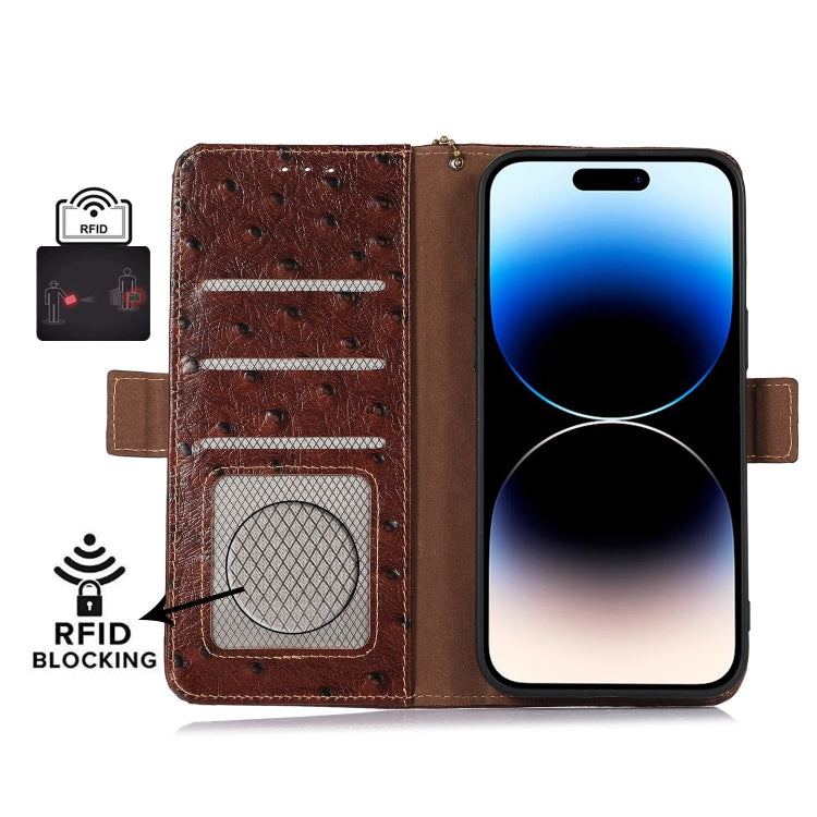 For OnePlus 11 5G Ostrich Pattern Genuine Leather RFID Phone Case(Coffee) - OnePlus Cases by PMC TechLife | Online Shopping South Africa | PMC TechLife | Buy Now Pay Later Mobicred