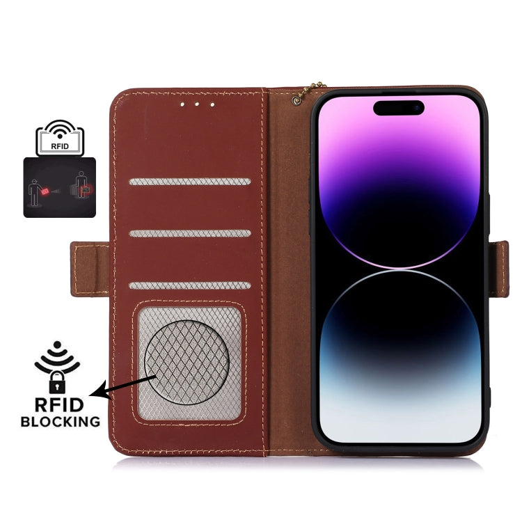 For OnePlus 11 Genuine Leather Magnetic RFID Leather Phone Case(Coffee) - OnePlus Cases by PMC TechLife | Online Shopping South Africa | PMC TechLife | Buy Now Pay Later Mobicred