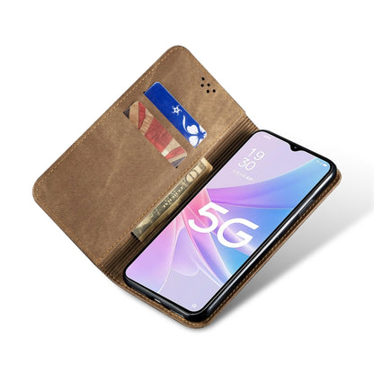 For OPPO A58 5G / A58x / A78 5G Denim Texture Leather Phone Case(Khaki) - OPPO Cases by PMC Jewellery | Online Shopping South Africa | PMC Jewellery | Buy Now Pay Later Mobicred