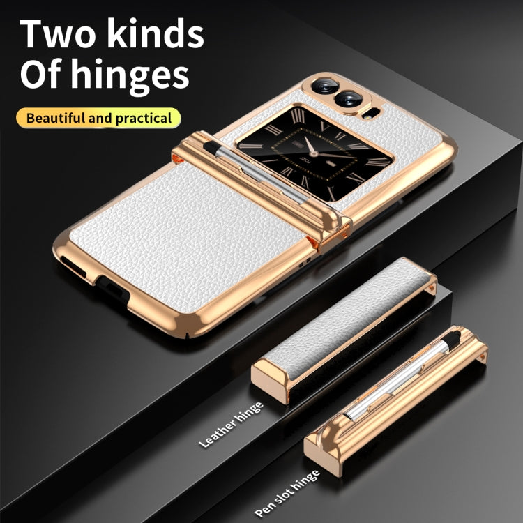 For Motorola Razr 2022 Foldable Electroplated Plain Leather Phone Case with Stylus(White) - Motorola Cases by PMC TechLife | Online Shopping South Africa | PMC TechLife | Buy Now Pay Later Mobicred