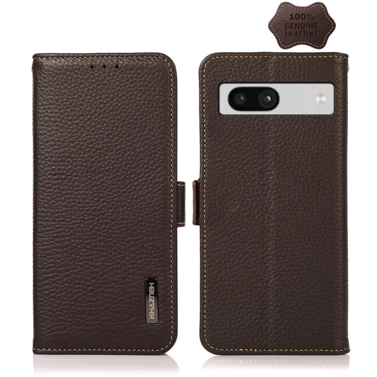 For Google Pixel 7A KHAZNEH Side-Magnetic Litchi Genuine Leather RFID Phone Case(Brown) - Google Cases by PMC Jewellery | Online Shopping South Africa | PMC Jewellery | Buy Now Pay Later Mobicred