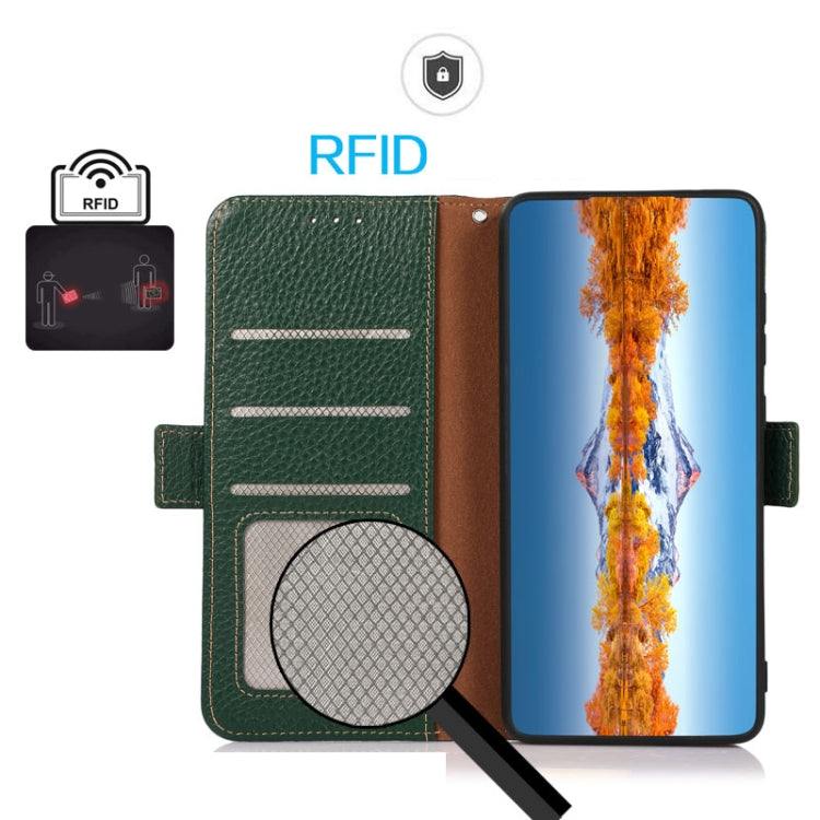 For Google Pixel 7A KHAZNEH Side-Magnetic Litchi Genuine Leather RFID Phone Case(Green) - Google Cases by PMC TechLife | Online Shopping South Africa | PMC TechLife | Buy Now Pay Later Mobicred