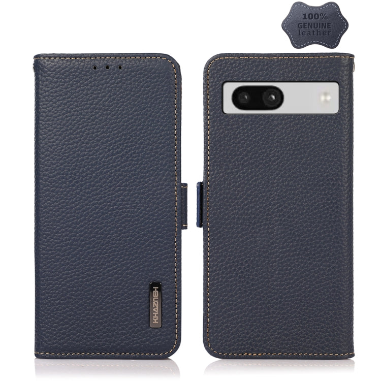 For Google Pixel 7A KHAZNEH Side-Magnetic Litchi Genuine Leather RFID Phone Case(Blue) - Google Cases by PMC TechLife | Online Shopping South Africa | PMC TechLife | Buy Now Pay Later Mobicred