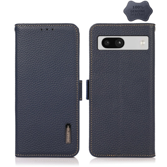 For Google Pixel 7A KHAZNEH Side-Magnetic Litchi Genuine Leather RFID Phone Case(Blue) - Google Cases by PMC Jewellery | Online Shopping South Africa | PMC Jewellery | Buy Now Pay Later Mobicred