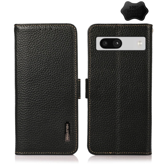 For Google Pixel 7A KHAZNEH Side-Magnetic Litchi Genuine Leather RFID Phone Case(Black) - Google Cases by PMC Jewellery | Online Shopping South Africa | PMC Jewellery | Buy Now Pay Later Mobicred