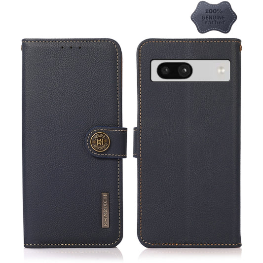 For Google Pixel 7A KHAZNEH Custer Texture RFID Genuine Leather Phone Case(Blue) - Google Cases by PMC Jewellery | Online Shopping South Africa | PMC Jewellery | Buy Now Pay Later Mobicred