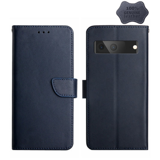 For Google Pixel 7A HT02 Genuine Leather Fingerprint-proof Flip Phone Case(Blue) - Google Cases by PMC Jewellery | Online Shopping South Africa | PMC Jewellery | Buy Now Pay Later Mobicred