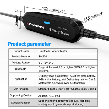 KONNWEI BK200 6V/12V/24V Car Bluetooth Battery Tester(Black) - Electronic Test by KONNWEI | Online Shopping South Africa | PMC Jewellery | Buy Now Pay Later Mobicred