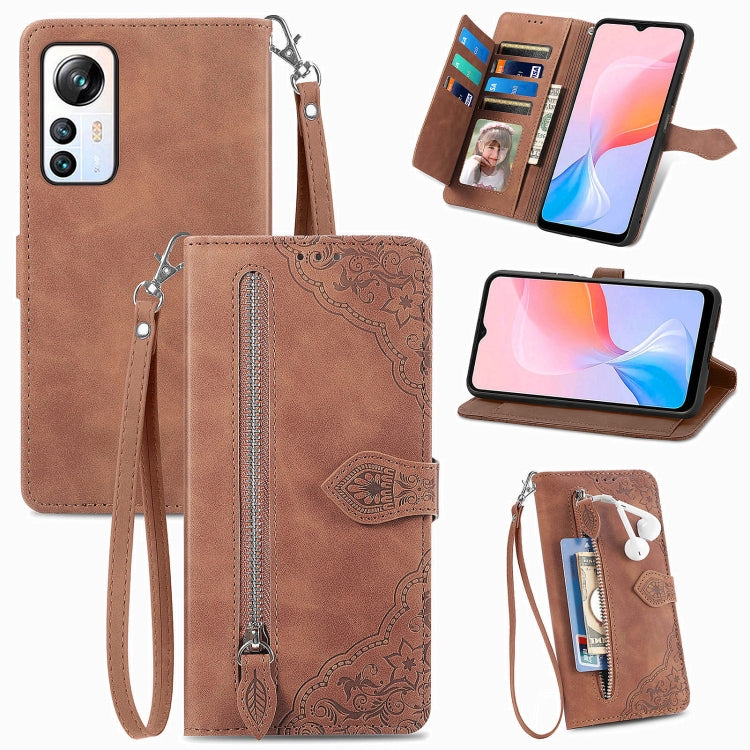 For Blackview A85 Embossed Flower Zipper Leather Phone Case(Brown) - More Brand by PMC Jewellery | Online Shopping South Africa | PMC Jewellery | Buy Now Pay Later Mobicred