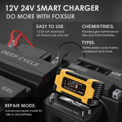 FOXSUR 12V / 24V / 10A Car / Motorcycle Battery Smart Repair Lead-acid Battery Charger(UK Plug Yellow) - Battery Charger by FOXSUR | Online Shopping South Africa | PMC Jewellery | Buy Now Pay Later Mobicred