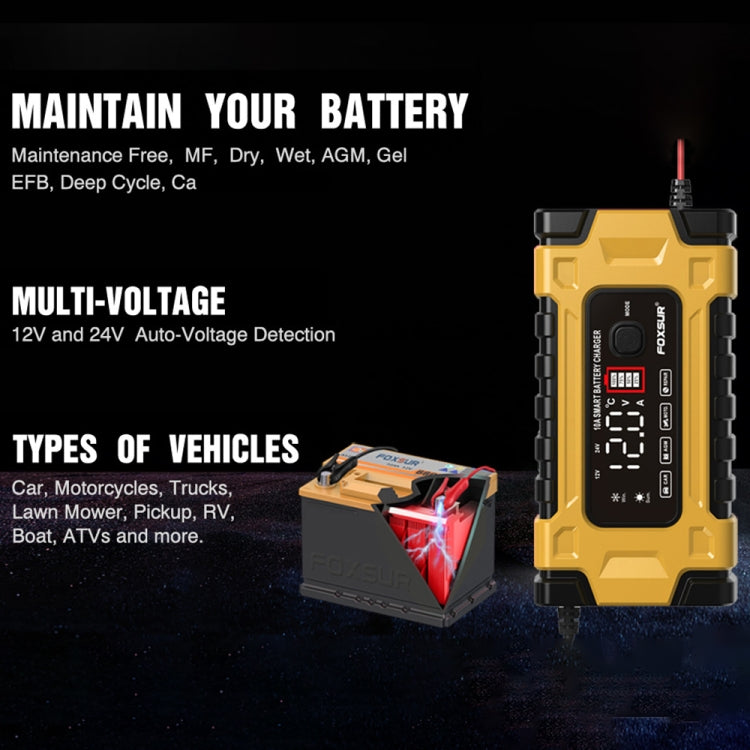 FOXSUR 12V / 24V / 10A Car / Motorcycle Battery Smart Repair Lead-acid Battery Charger(EU Plug Yellow) - Battery Charger by FOXSUR | Online Shopping South Africa | PMC Jewellery | Buy Now Pay Later Mobicred