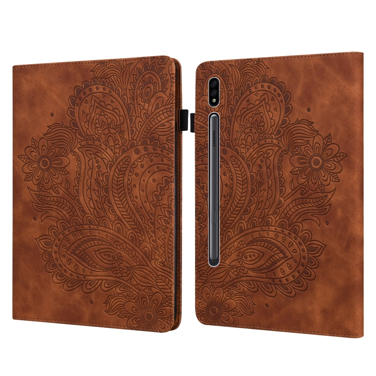 For Samsung Galaxy Tab S9 / S9 FE Peacock Embossed Pattern Leather Tablet Case(Brown) - Galaxy Tab S9 Cases by PMC Jewellery | Online Shopping South Africa | PMC Jewellery | Buy Now Pay Later Mobicred