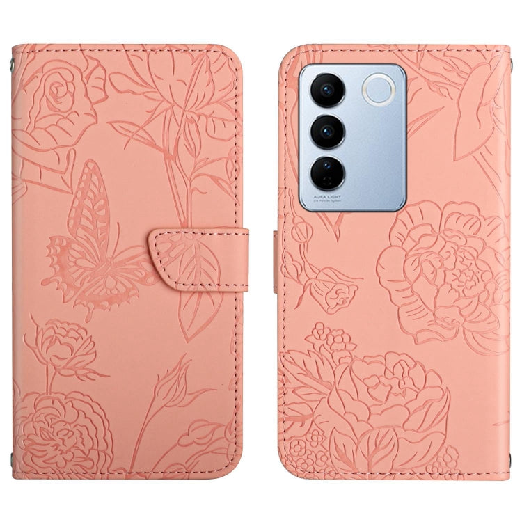 For vivo V27 HT03 Skin Feel Butterfly Embossed Flip Leather Phone Case(Pink) - vivo Cases by PMC Jewellery | Online Shopping South Africa | PMC Jewellery