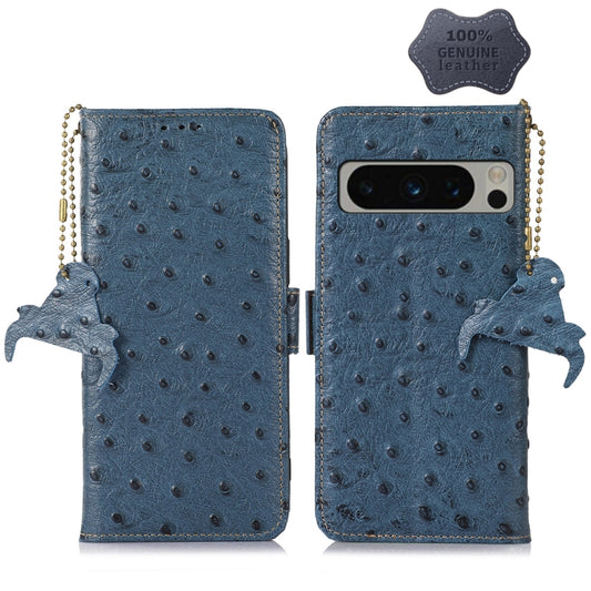 For Google Pixel 8 Pro Ostrich Pattern Genuine Leather RFID Phone Case(Blue) - Google Cases by PMC Jewellery | Online Shopping South Africa | PMC Jewellery | Buy Now Pay Later Mobicred