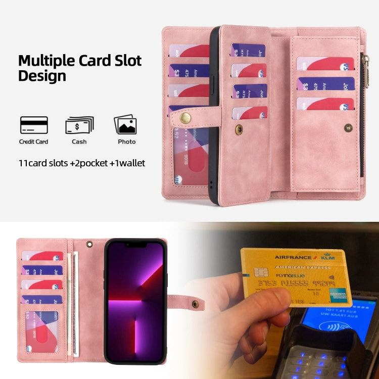 For iPhone 13 Pro Max Zipper Wallet Detachable MagSafe Leather Phone Case(Pink) - iPhone 13 Pro Max Cases by PMC TechLife | Online Shopping South Africa | PMC TechLife