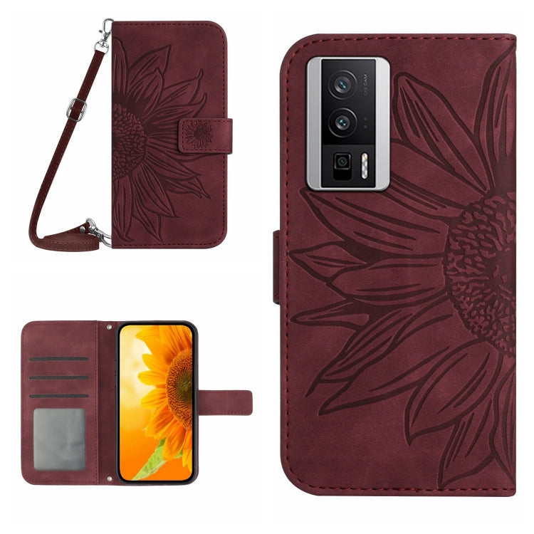 For Xiaomi Poco F5 Pro Skin Feel Sun Flower Embossed Flip Leather Phone Case with Lanyard(Wine Red) - Xiaomi Cases by PMC Jewellery | Online Shopping South Africa | PMC Jewellery | Buy Now Pay Later Mobicred