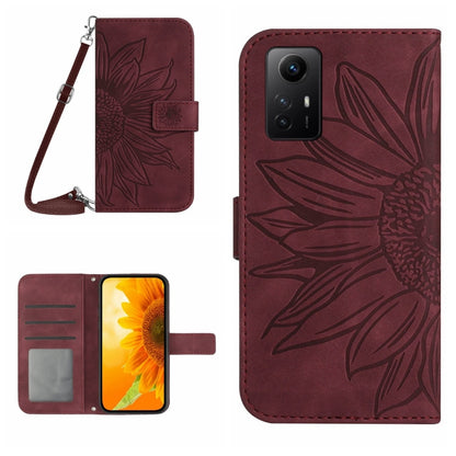 For Xiaomi Redmi Note 12S Skin Feel Sun Flower Embossed Flip Leather Phone Case with Lanyard(Wine Red) - Xiaomi Cases by PMC Jewellery | Online Shopping South Africa | PMC Jewellery | Buy Now Pay Later Mobicred