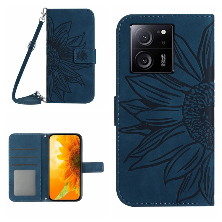 For Xiaomi 13T / 13T Pro Skin Feel Sun Flower Embossed Flip Leather Phone Case with Lanyard(Inky Blue) - Xiaomi Cases by PMC Jewellery | Online Shopping South Africa | PMC Jewellery | Buy Now Pay Later Mobicred