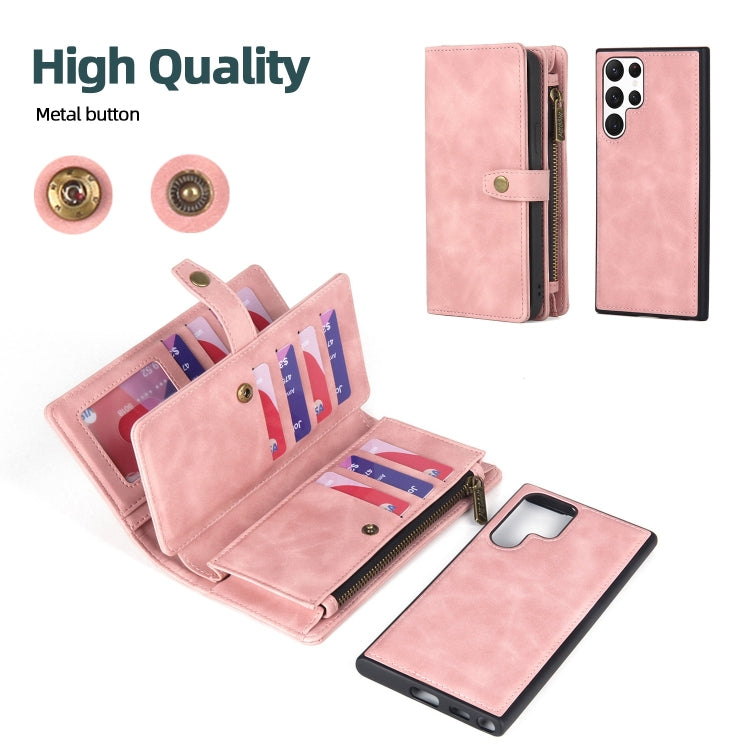 For Samsung Galaxy S22 Ultra 5G Zipper Wallet Detachable MagSafe Leather Phone Case(Pink) - Galaxy S22 Ultra 5G Cases by PMC Jewellery | Online Shopping South Africa | PMC Jewellery