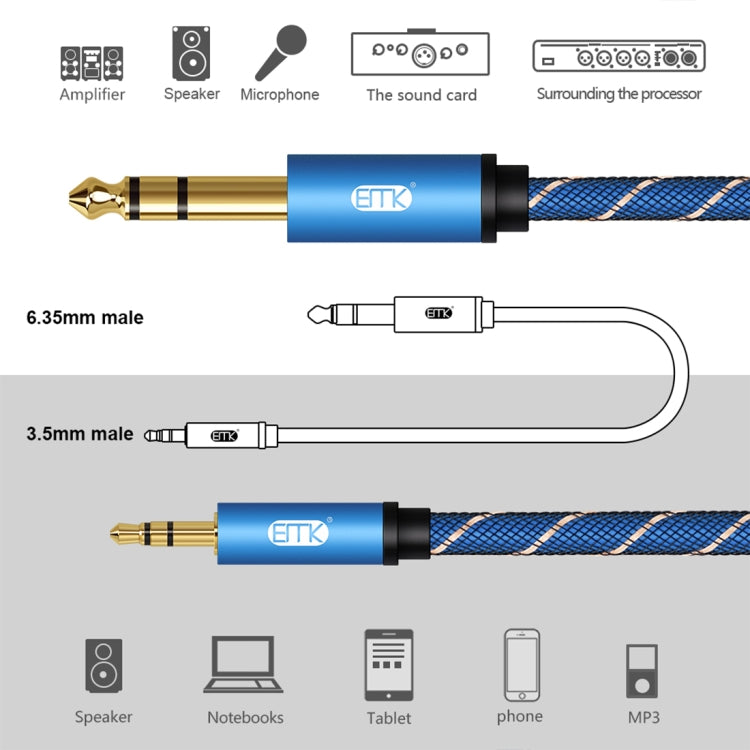 EMK 3.5mm Jack Male to 6.35mm Jack Male Gold Plated Connector Nylon Braid AUX Cable for Computer / X-BOX / PS3 / CD / DVD, Cable Length:2m(Dark Blue) - Audio Optical Cables by EMK | Online Shopping South Africa | PMC Jewellery | Buy Now Pay Later Mobicred