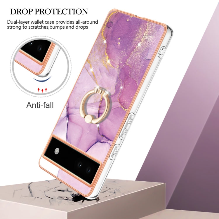 For Google Pixel 6a Electroplating Marble IMD TPU Phone Case with Ring Holder(Purple 001) - Google Cases by PMC TechLife | Online Shopping South Africa | PMC TechLife