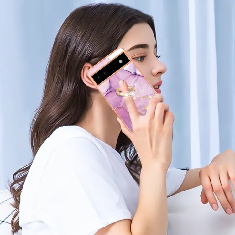 For Google Pixel 6a Electroplating Marble IMD TPU Phone Case with Ring Holder(Purple 001) - Google Cases by PMC TechLife | Online Shopping South Africa | PMC TechLife