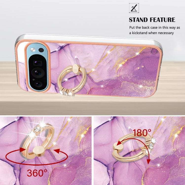 For Google Pixel 9 Pro XL Electroplating Marble IMD TPU Phone Case with Ring Holder(Purple 001) - Google Cases by PMC Jewellery | Online Shopping South Africa | PMC Jewellery | Buy Now Pay Later Mobicred